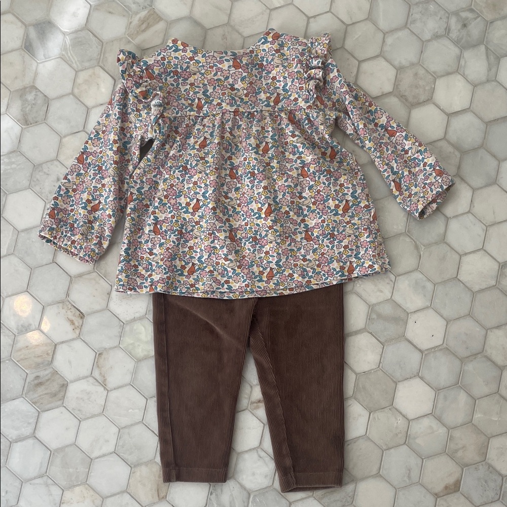 JoJo Maman Bebe Matching Set  Long Sleeve Top and Brown Pants Set 12 Months